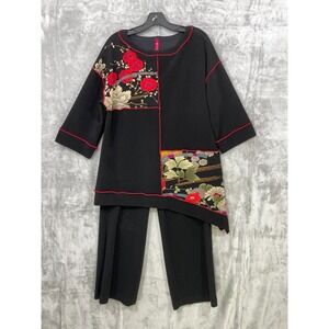 IC by Connie K Size L/XL Black Kimono Asian Theme 2 Pc Pant + Tunic Top Set
